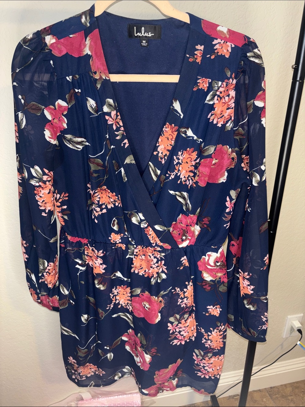 Lulu's Navy Floral Wrap Dress with Pink & Coral Blooms